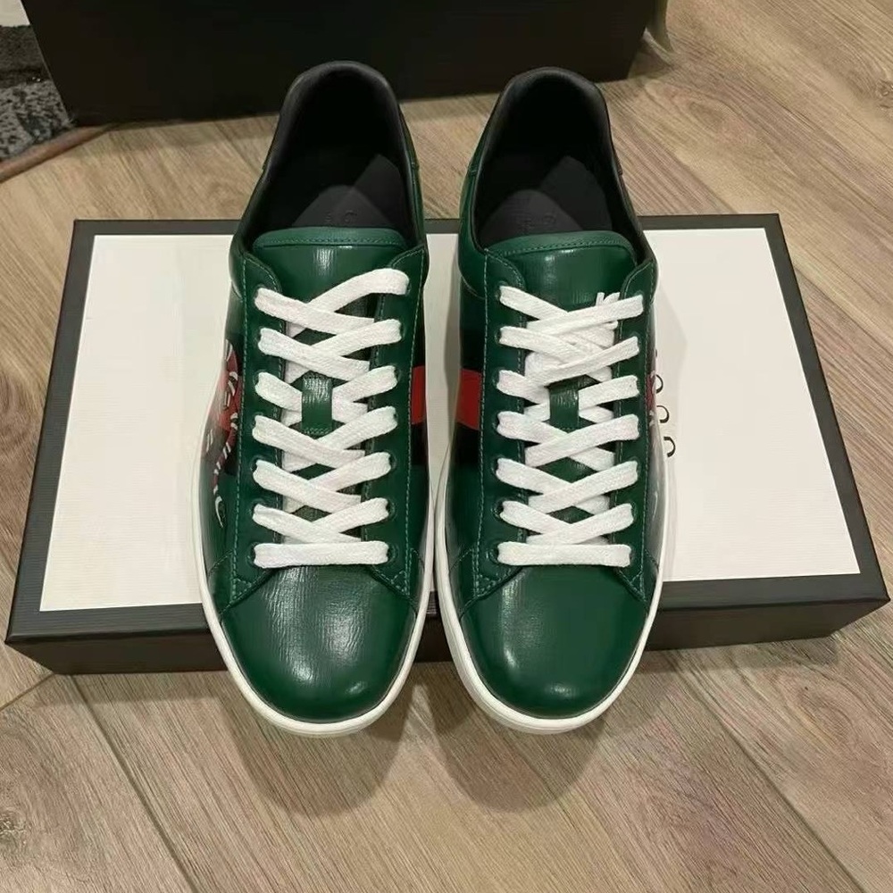 Authentic Gucci Green Snake Print Web Detailed Ace Lace up Sneaker Size 7 NIB - Picture 1 of 5